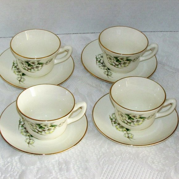 Georgian China Spring Blosdom 4 Coffee Cups & Saucers Vintage Teacups - Picture 2 of 13